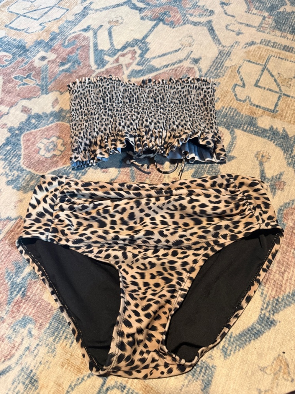 Smocked Leopard Print Bandeau Swim Set - Beige and Black